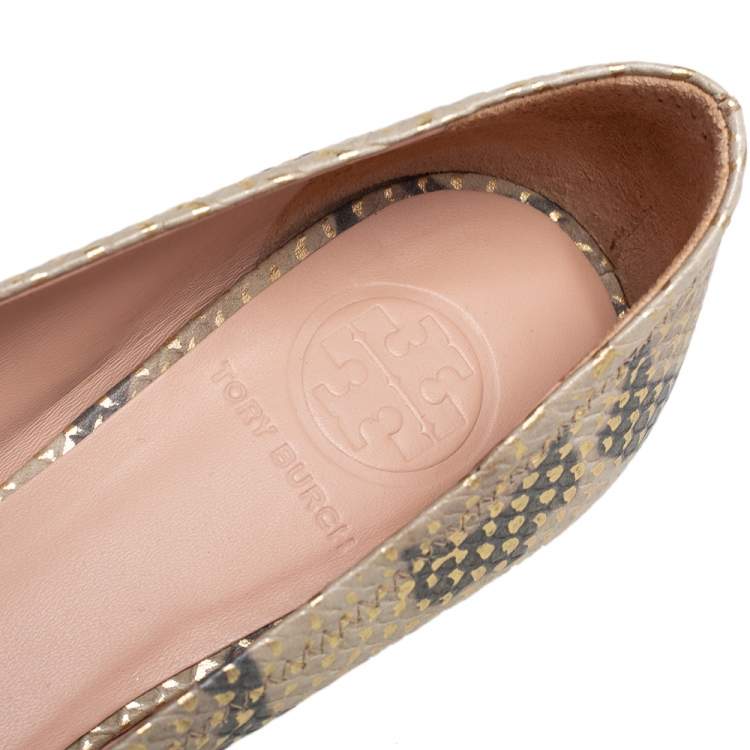 Pre Owned Tory Burch Gold/Beige Python Embossed Leather Reva Ballet Flats Size 36.5