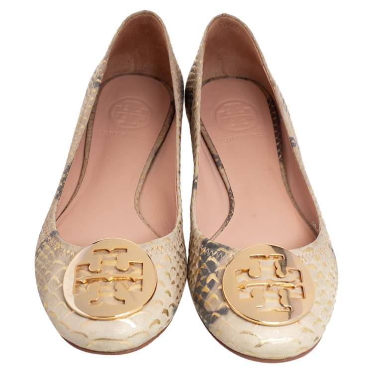 Pre Owned Tory Burch Gold/Beige Python Embossed Leather Reva Ballet Flats Size 36.5