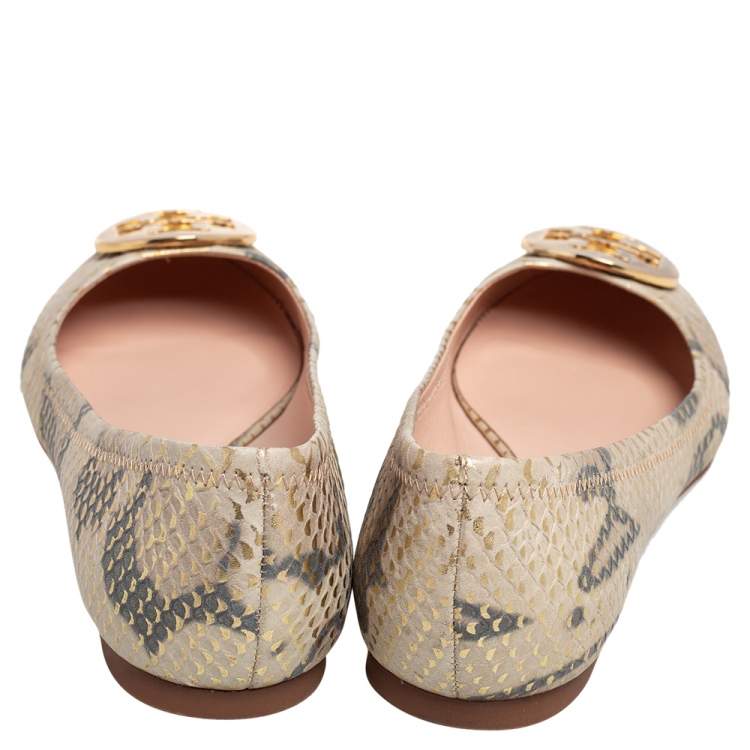 Pre Owned Tory Burch Gold/Beige Python Embossed Leather Reva Ballet Flats Size 36.5