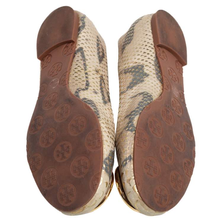 Pre Owned Tory Burch Gold/Beige Python Embossed Leather Reva Ballet Flats Size 36.5