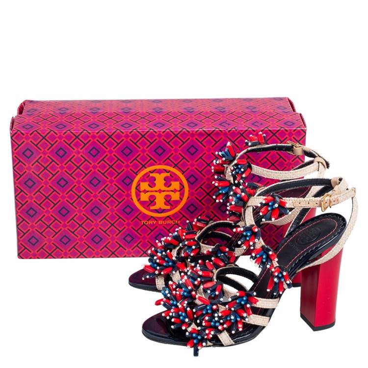 Pre Owned Tory Burch Beige Raffia Beaded Ambrosia Sandals Size 35
