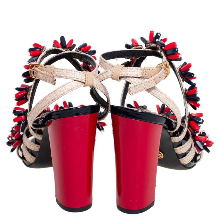 Pre Owned Tory Burch Beige Raffia Beaded Ambrosia Sandals Size 35
