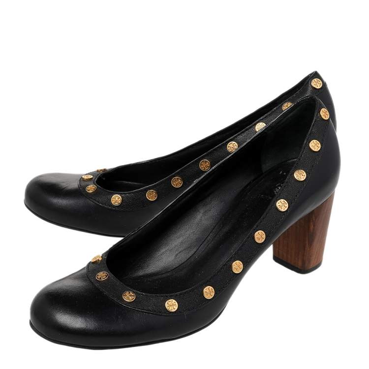 Pre Owned Tory Burch Black Leather Reva Logo Studded Wooden Block Heels Pumps Size 40