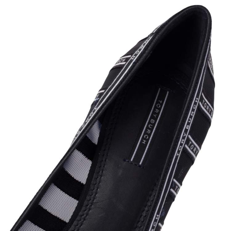 Pre Owned Tory Burch Black/White Mesh And Ribbon Penelope Pointed Toe Pumps Size 38.5