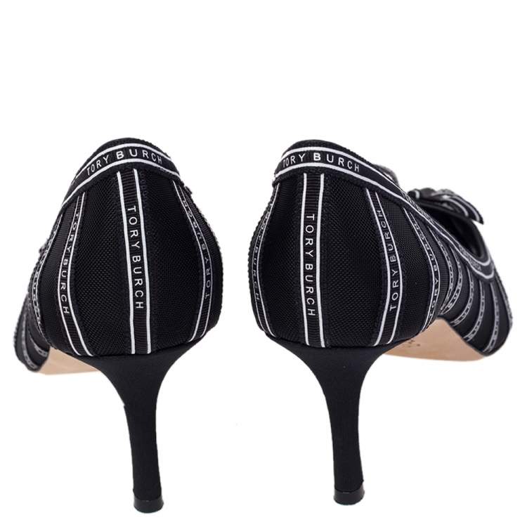 Pre Owned Tory Burch Black/White Mesh And Ribbon Penelope Pointed Toe Pumps Size 38.5