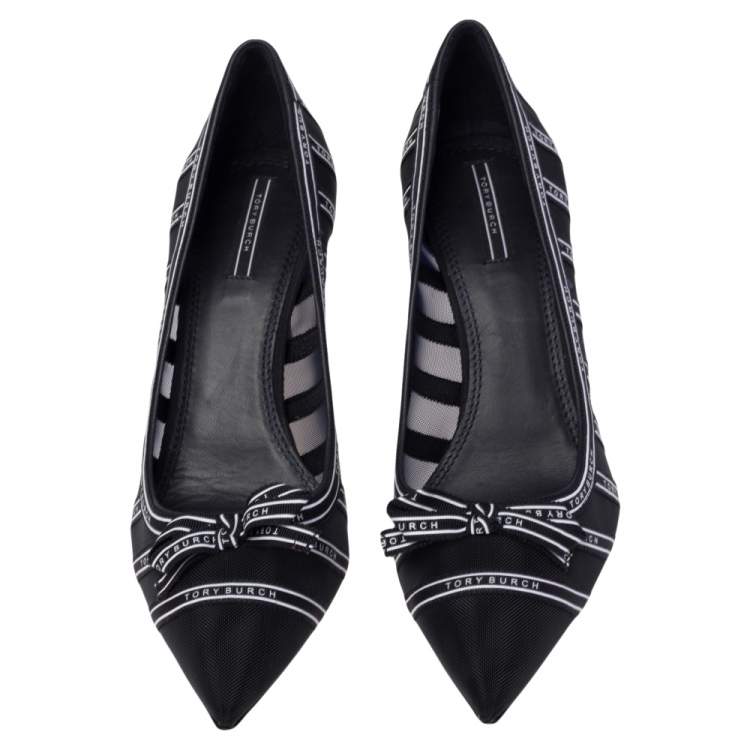 Pre Owned Tory Burch Black/White Mesh And Ribbon Penelope Pointed Toe Pumps Size 38.5