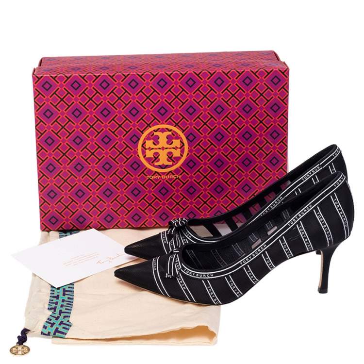 Pre Owned Tory Burch Black/White Mesh And Ribbon Penelope Pointed Toe Pumps Size 38.5