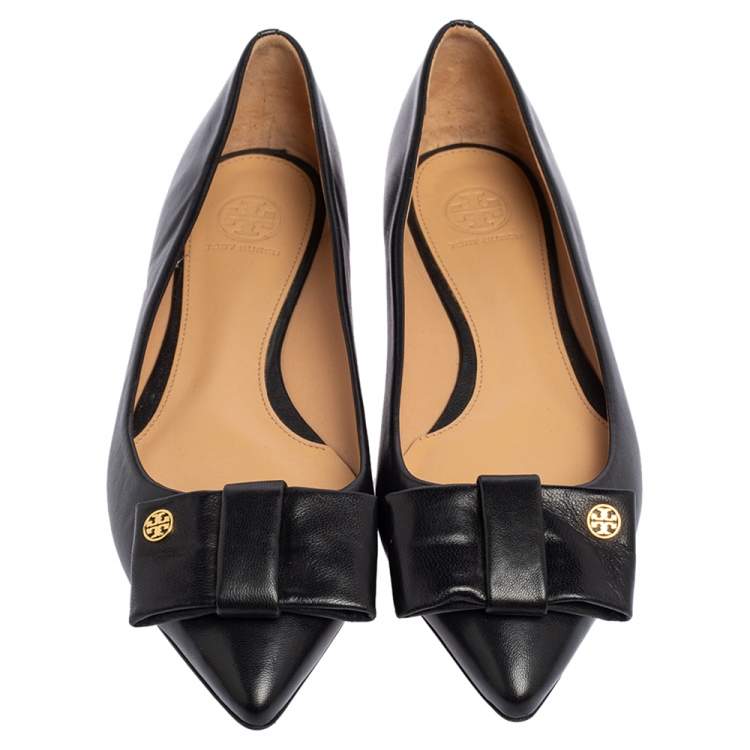 Pre Owned Tory Burch Black Leather Bow Pointed Ballet Flats Size 38.5