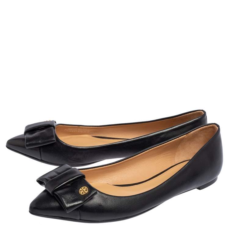 Pre Owned Tory Burch Black Leather Bow Pointed Ballet Flats Size 38.5