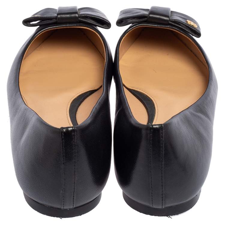 Pre Owned Tory Burch Black Leather Bow Pointed Ballet Flats Size 38.5