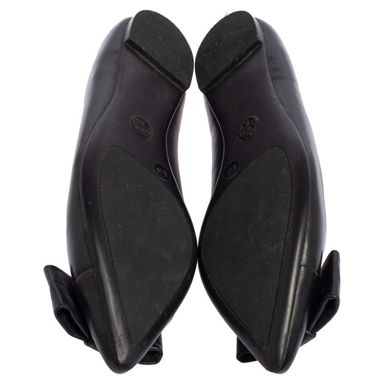 Pre Owned Tory Burch Black Leather Bow Pointed Ballet Flats Size 38.5