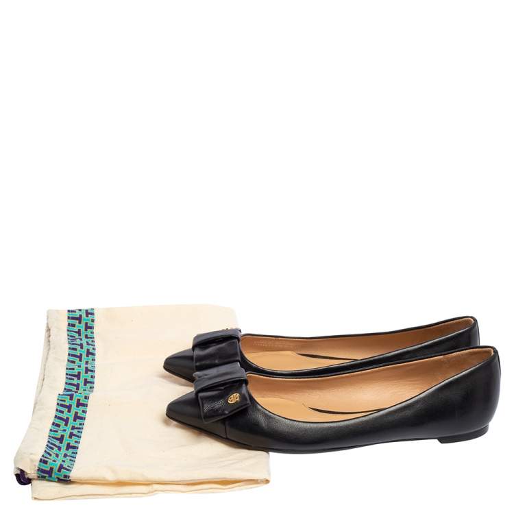 Pre Owned Tory Burch Black Leather Bow Pointed Ballet Flats Size 38.5