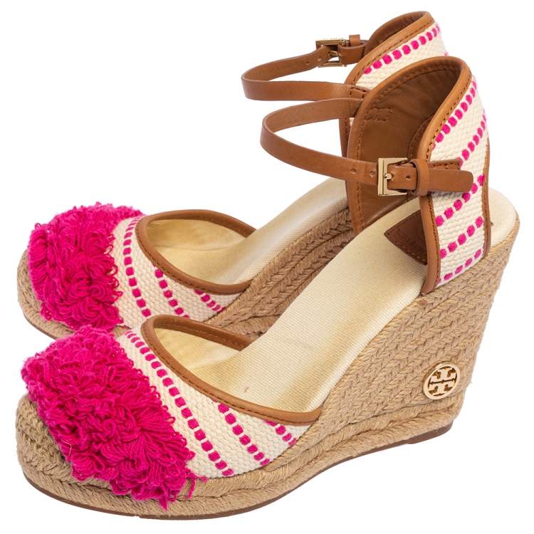 Pre Owned Tory Burch Beige/Pink Striped Canvas and Leather Trim Espadrille Wedge Sandals Size 38.5