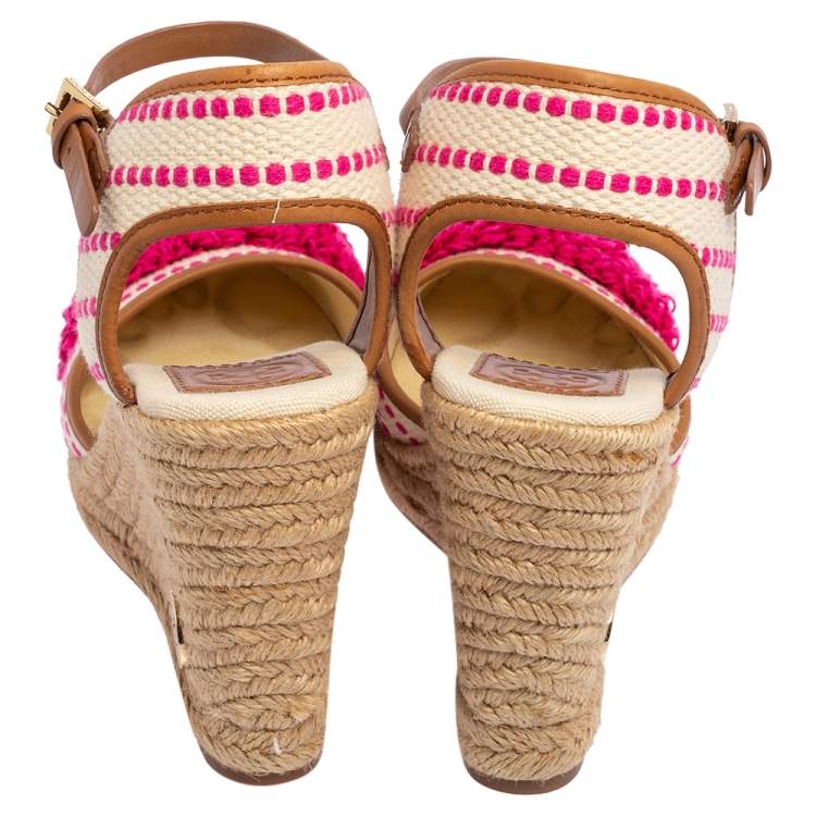 Pre Owned Tory Burch Beige/Pink Striped Canvas and Leather Trim Espadrille Wedge Sandals Size 38.5