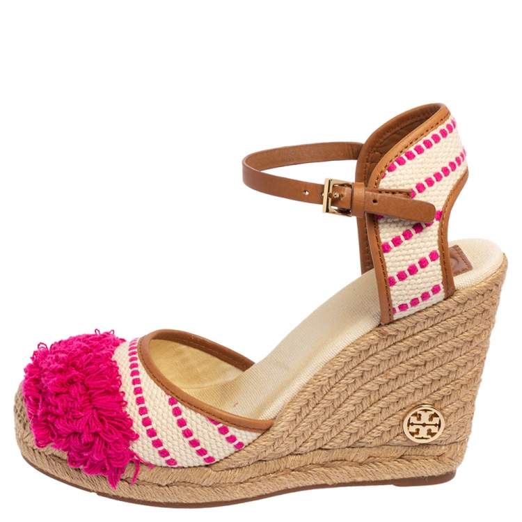 Tory Burch Beige/Pink Striped Canvas and Leather Trim Espadrille Wedge  Sandals Size  Tory Burch | TLC