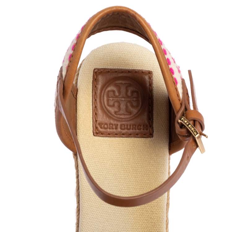 Pre Owned Tory Burch Beige/Pink Striped Canvas and Leather Trim Espadrille Wedge Sandals Size 38.5