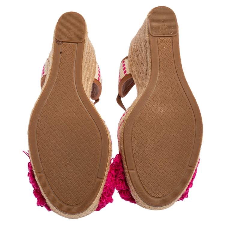 Pre Owned Tory Burch Beige/Pink Striped Canvas and Leather Trim Espadrille Wedge Sandals Size 38.5