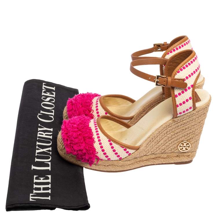 Pre Owned Tory Burch Beige/Pink Striped Canvas and Leather Trim Espadrille Wedge Sandals Size 38.5