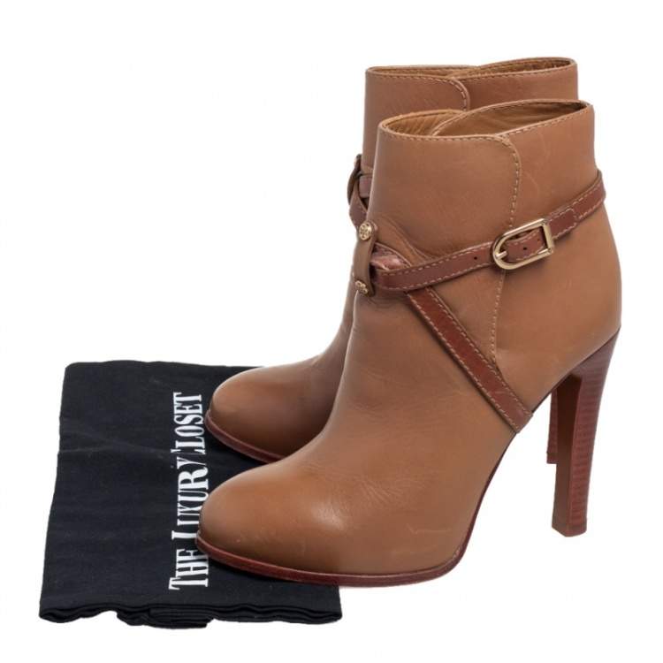 Pre Owned Tory Burch Brown Leather Buckle Detail Ankle Boots Size 37