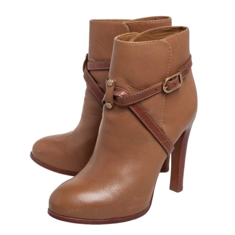 Pre Owned Tory Burch Brown Leather Buckle Detail Ankle Boots Size 37