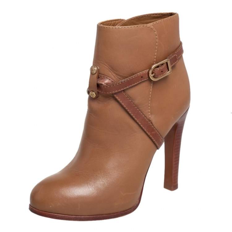 Pre Owned Tory Burch Brown Leather Buckle Detail Ankle Boots Size 37