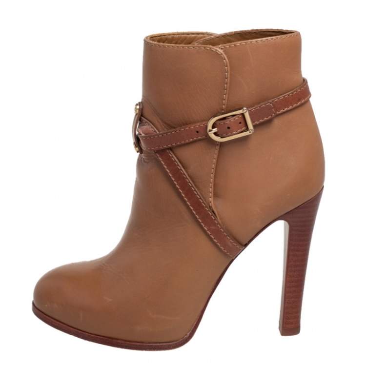 Pre Owned Tory Burch Brown Leather Buckle Detail Ankle Boots Size 37