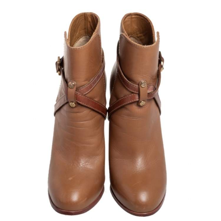 Pre Owned Tory Burch Brown Leather Buckle Detail Ankle Boots Size 37
