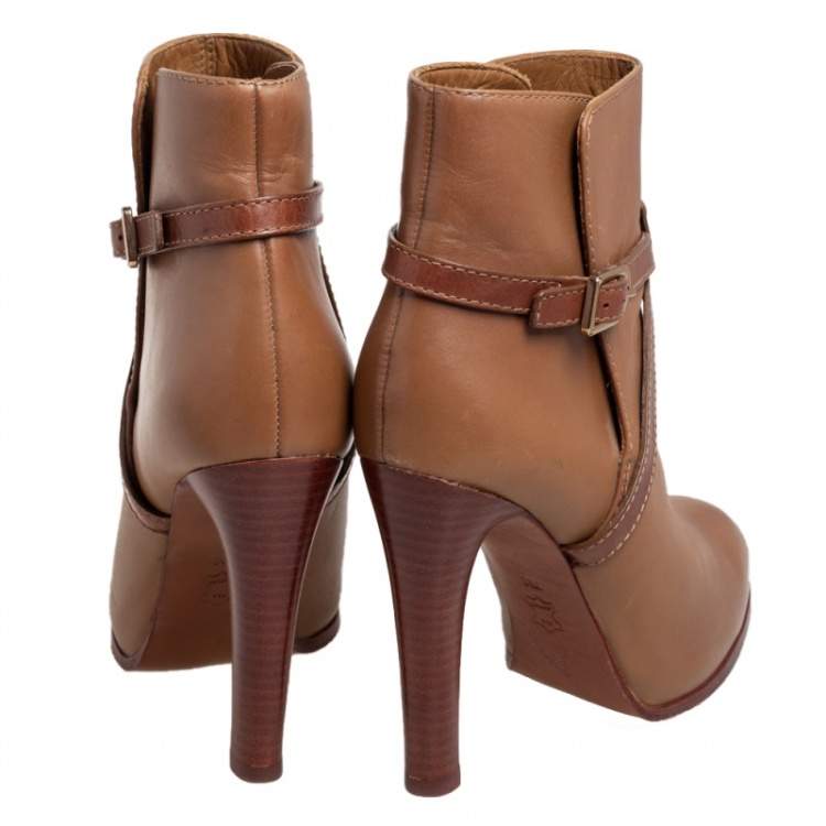 Pre Owned Tory Burch Brown Leather Buckle Detail Ankle Boots Size 37