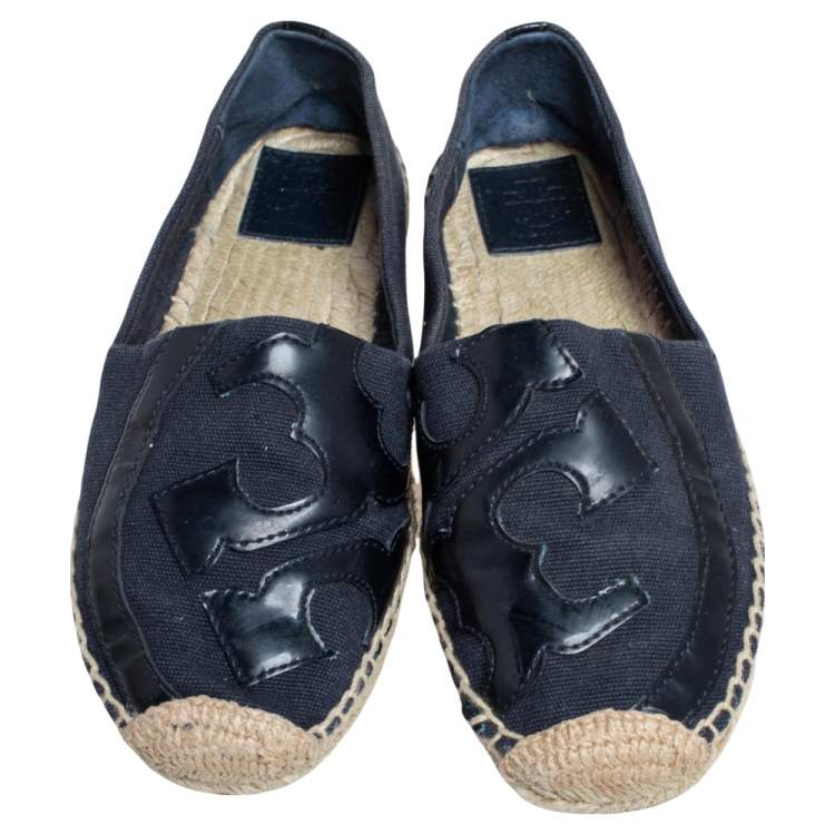 Pre Owned Tory Burch Blue Canvas And Blue Patent Leather Logo Lonnie Espadrilles Flats Size 37