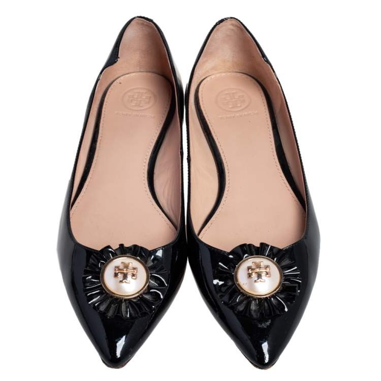 Pre Owned Tory Burch Black Patent Leather Melody Pearl Ballet Flats Size 37.5