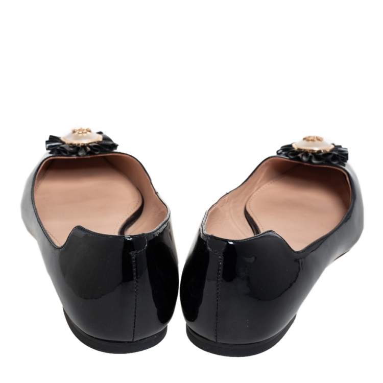 Pre Owned Tory Burch Black Patent Leather Melody Pearl Ballet Flats Size 37.5