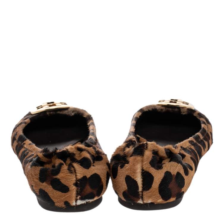 Pre Owned Tory Burch Brown Leopard Print Calf Hair Reva Ballet Flats Size 37.5