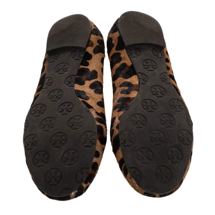 Pre Owned Tory Burch Brown Leopard Print Calf Hair Reva Ballet Flats Size 37.5