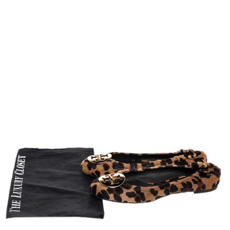 Pre Owned Tory Burch Brown Leopard Print Calf Hair Reva Ballet Flats Size 37.5