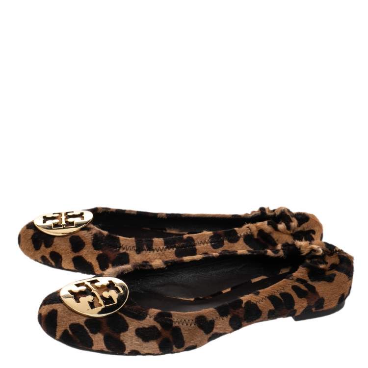 Pre Owned Tory Burch Brown Leopard Print Calf Hair Reva Ballet Flats Size 37.5