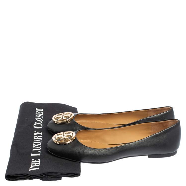 Pre Owned Tory Burch Black Leather Reva Ballet Flats Size 37.5