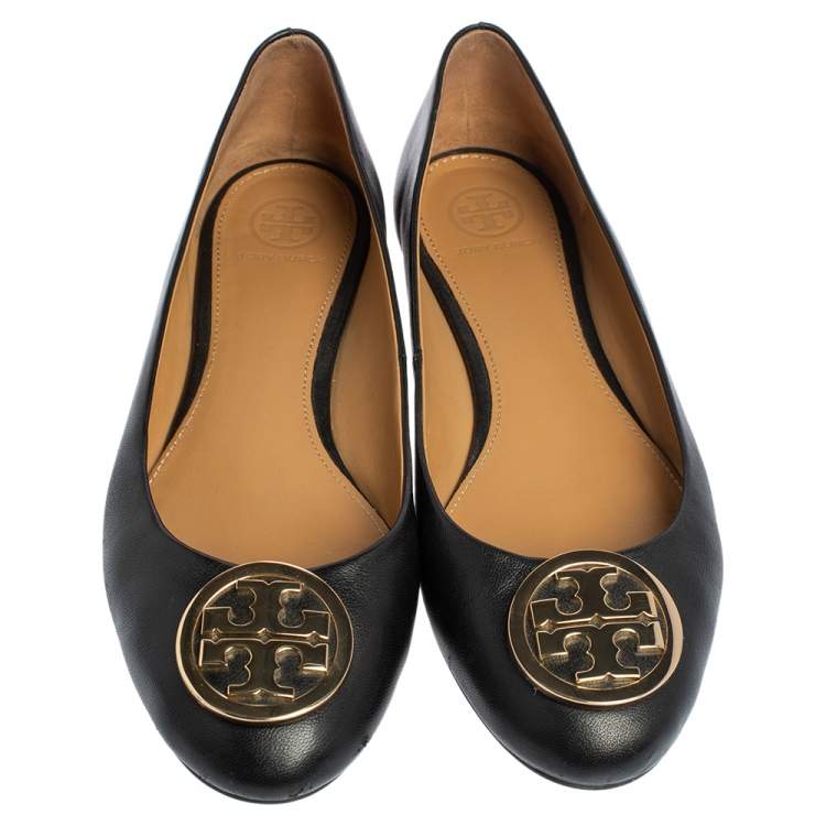 Pre Owned Tory Burch Black Leather Reva Ballet Flats Size 37.5