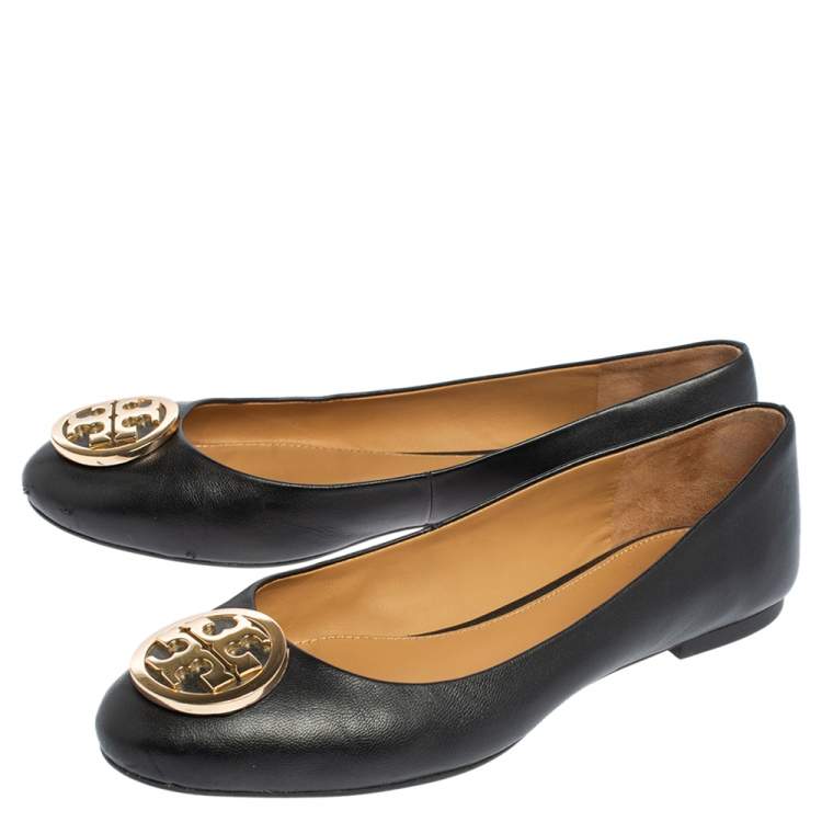 Pre Owned Tory Burch Black Leather Reva Ballet Flats Size 37.5