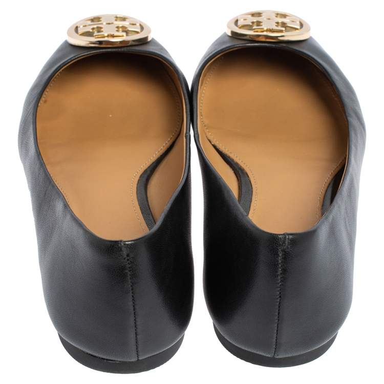 Pre Owned Tory Burch Black Leather Reva Ballet Flats Size 37.5