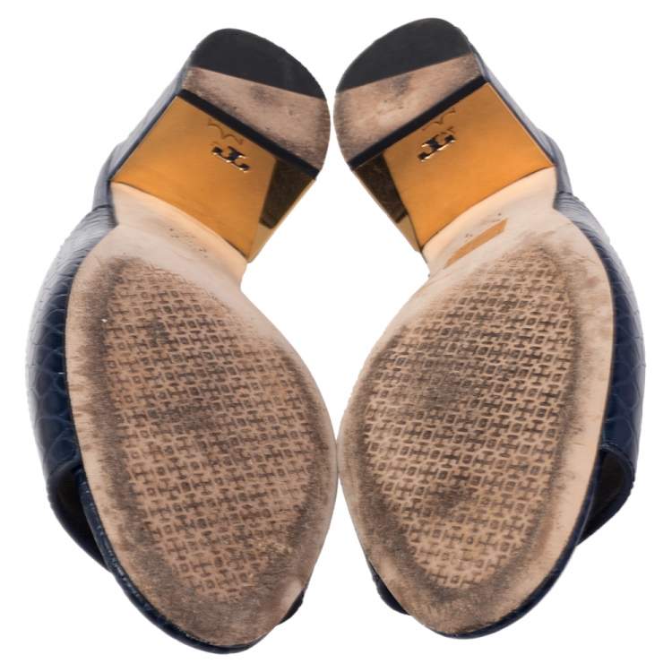 Pre Owned Tory Burch Blue Croc Embossed Leather Martine Block Heel Slide Sandals Size 37