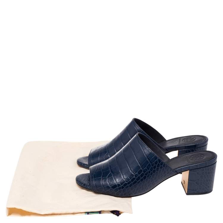 Pre Owned Tory Burch Blue Croc Embossed Leather Martine Block Heel Slide Sandals Size 37