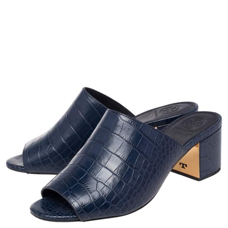 Pre Owned Tory Burch Blue Croc Embossed Leather Martine Block Heel Slide Sandals Size 37