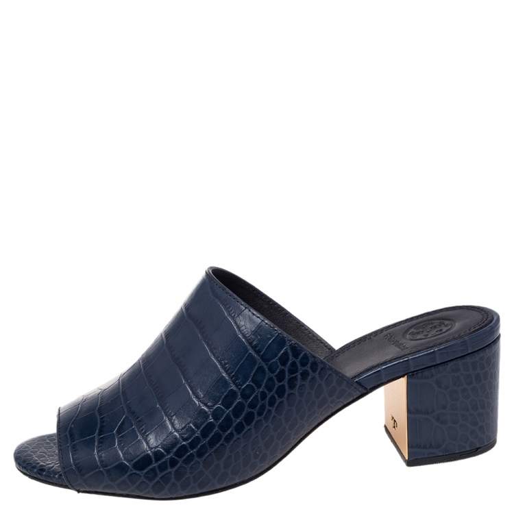Pre Owned Tory Burch Blue Croc Embossed Leather Martine Block Heel Slide Sandals Size 37