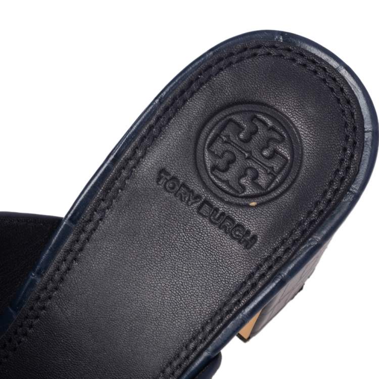 Pre Owned Tory Burch Blue Croc Embossed Leather Martine Block Heel Slide Sandals Size 37
