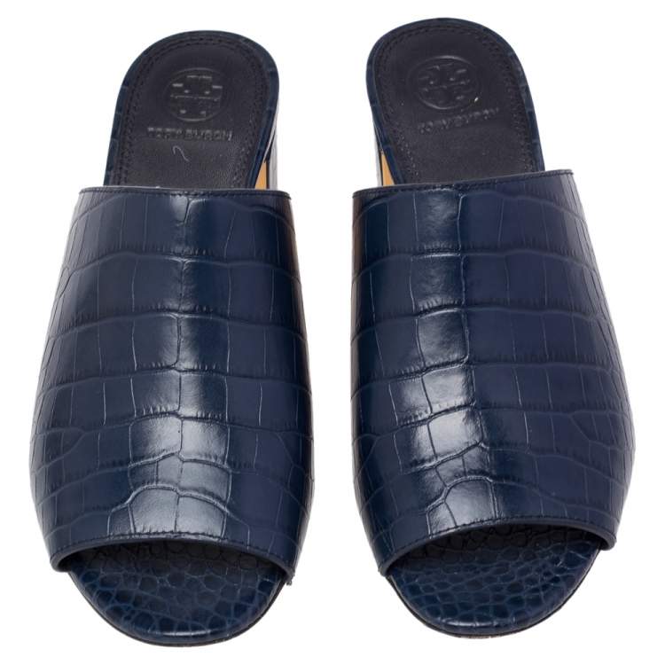 Pre Owned Tory Burch Blue Croc Embossed Leather Martine Block Heel Slide Sandals Size 37