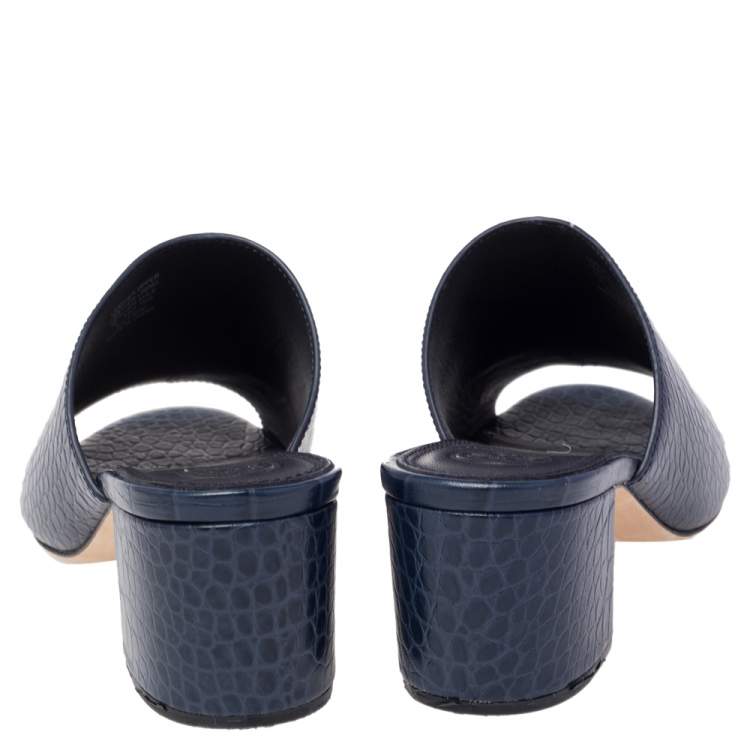 Pre Owned Tory Burch Blue Croc Embossed Leather Martine Block Heel Slide Sandals Size 37