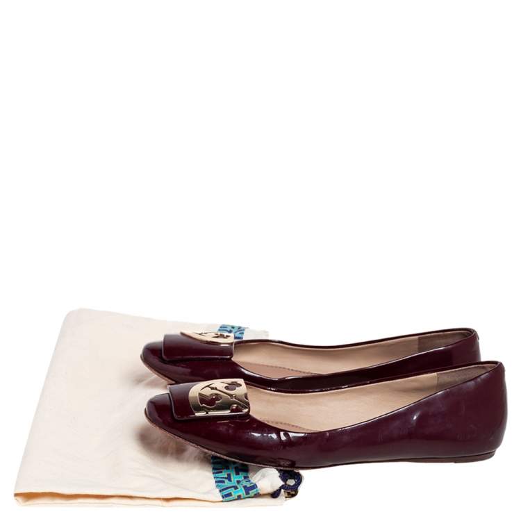Pre Owned Tory Burch Burgundy Patent Leather Ballet Flats Size 38.5