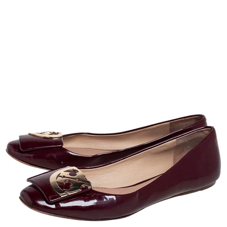 Pre Owned Tory Burch Burgundy Patent Leather Ballet Flats Size 38.5
