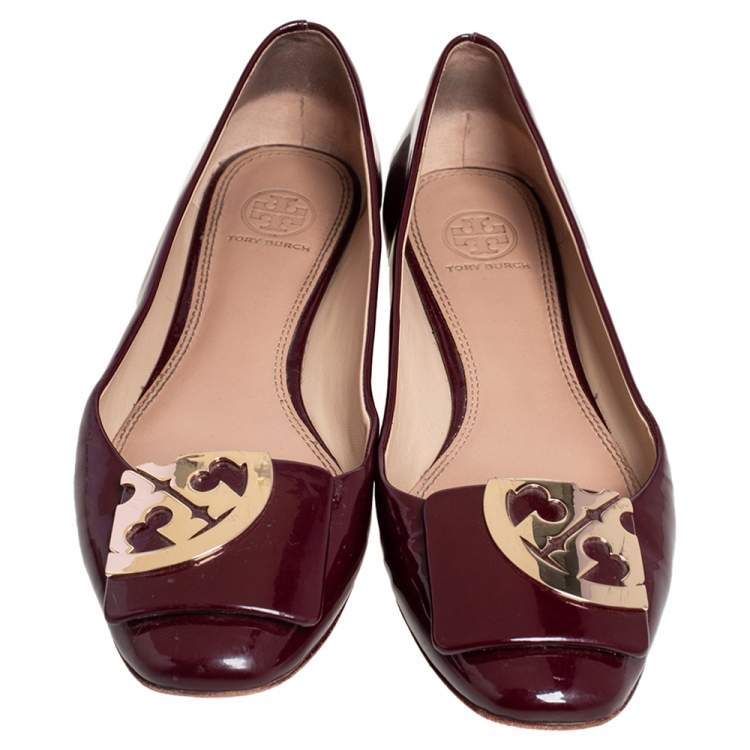 Pre Owned Tory Burch Burgundy Patent Leather Ballet Flats Size 38.5
