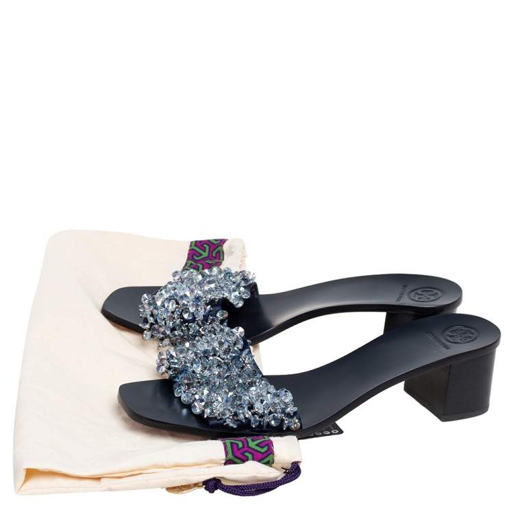 Pre Owned Tory Burch Navy Blue Satin Beads Embellished Block Heel Slide Sandals Size 40
